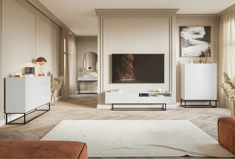 Veldio-Konsole mit gefräster Front und 90 cm Schublade Weiß mit schwarzen Beinen