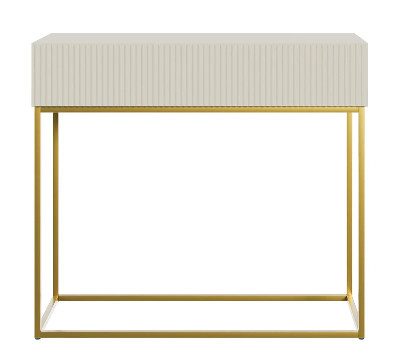 Veldio-Konsole mit gefräster Front und 90 cm Schublade, grau-beige mit goldenen Beinen
