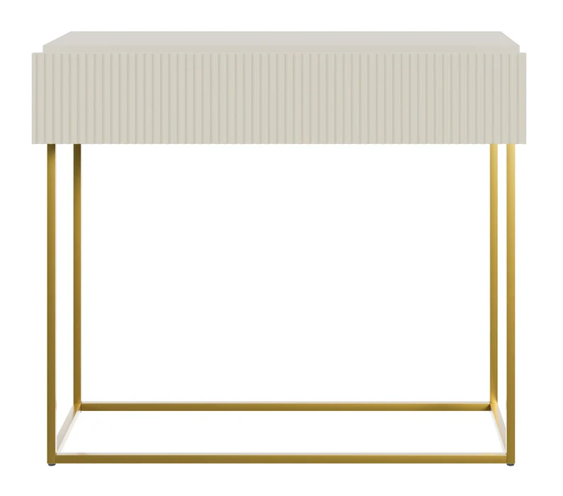 Veldio-Konsole mit gefräster Front und 90 cm Schublade, grau-beige mit goldenen Beinen