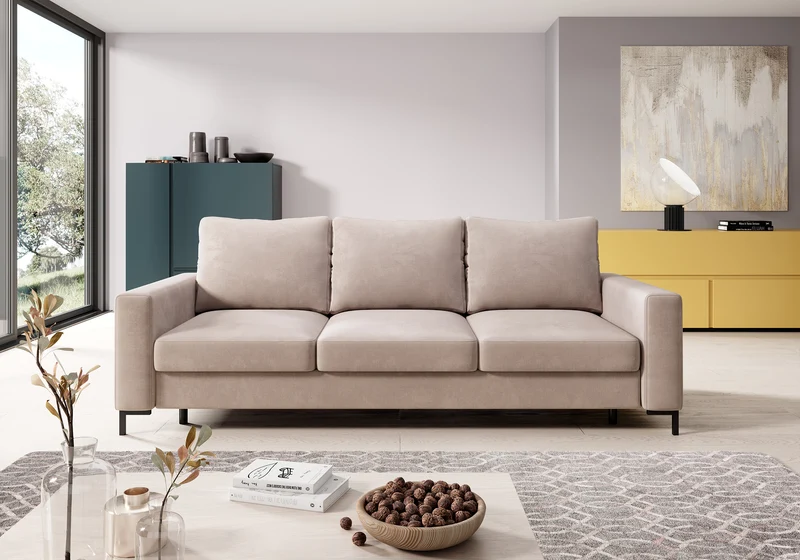 Dreisitziges Schlafsofa Mokpeo mit Stauraum, beige Samt