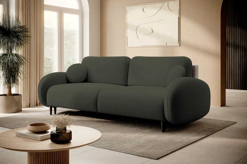 Ausziehbare Bafra-Sofa mit Schlaffunktion und Bettkasten, olivgrüner Samt