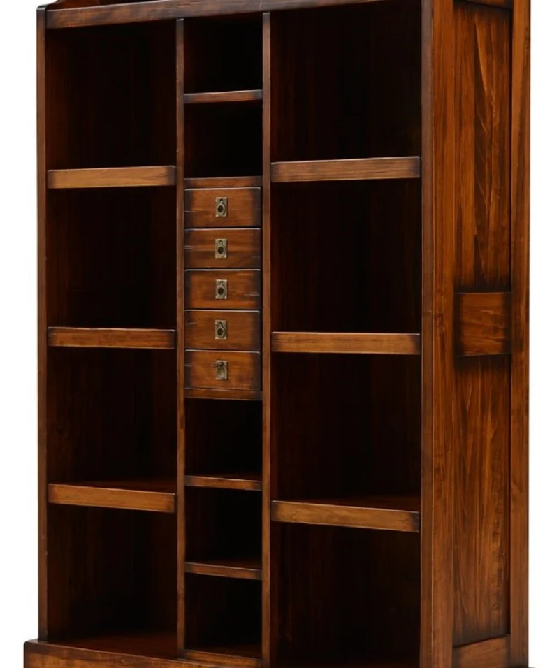 Casa Padrino Luxus Vintage Stil Bücherschrank Braun / Messing 105 x 35 x H. 169 cm - Massivholz Regalschrank - Wohnzimmer Schrank - Büro Schrank - Büro Möbel - Luxus Vintage Stil Möbel