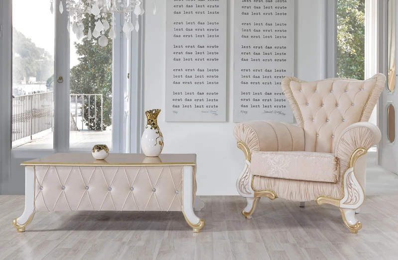 Casa Padrino Barock Sessel Beige / Weiß / Gold 97 x 85 x H. 105 cm - Edler Wohnzimmer Sessel mit Glitzersteinen - Wohnzimmer Möbel im Barockstil