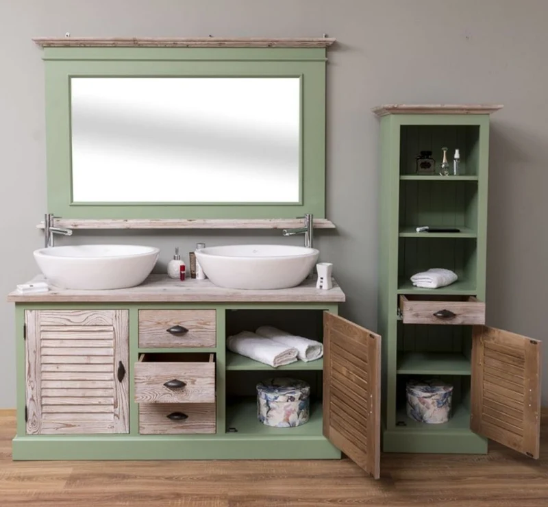 Casa Padrino Landhausstil Badezimmer Set Grün / Naturfarben - 1 Doppelwaschtisch & 1 Wandspiegel & 1 Regalschrank - Massivholz Badezimmer Möbel im Landhausstil
