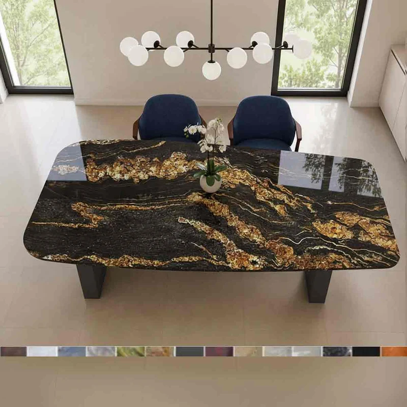 Esstisch VELA mit Granit Magna Black Gold – gerundete Form online konfigurieren