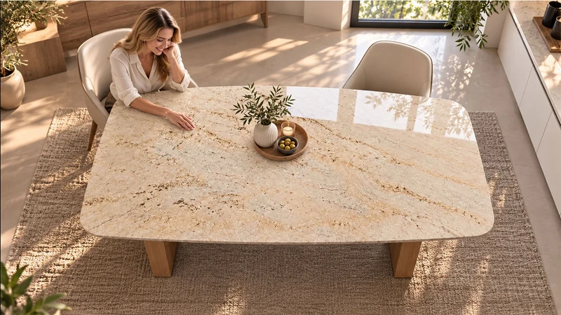 Eleganter Esstisch VELA mit Steinplatte in organischer Form online konfigurieren