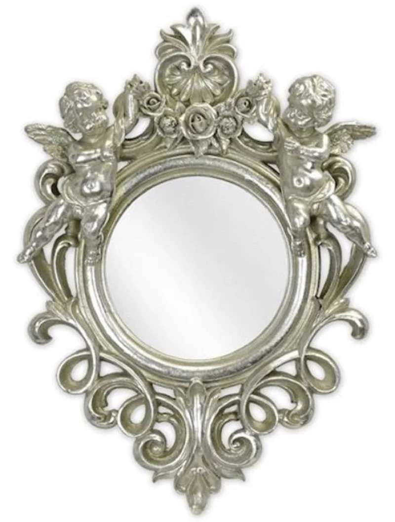 Casa Padrino Barock Spiegel Silber 35,8 x H. 51 cm - Antik Stil Wandspiegel mit dekorativen Engelsfiguren - Wohnzimmer Spiegel - Garderoben Spiegel - Barock Möbel