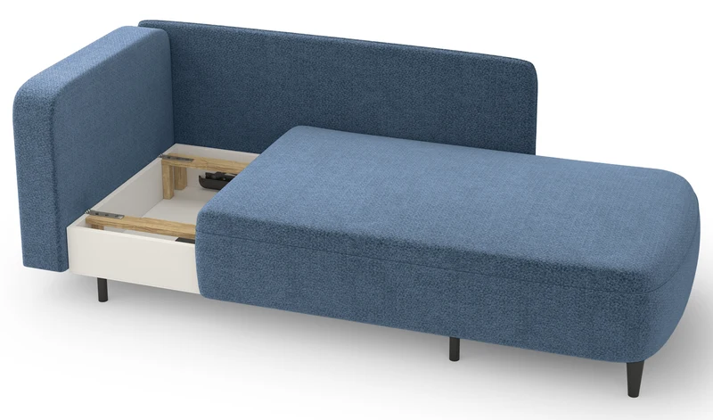 Rechtsseitiges ausklappbares Pinkio-Sofa mit Stauraum, blaues Chenille