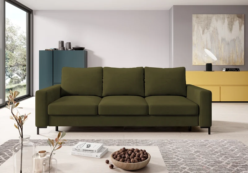 Dreisitziges ausklappbares Sofa Mokpeo mit Stauraum, olivgrüner Samtbezug