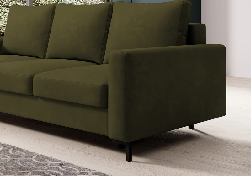 Dreisitziges ausklappbares Sofa Mokpeo mit Stauraum, olivgrüner Samtbezug