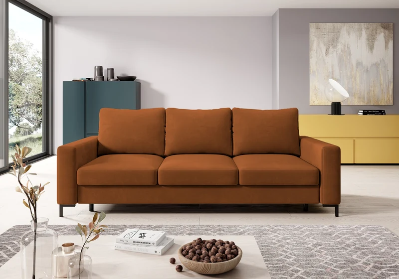 Dreisitziges Schlafsofa Mokpeo mit Stauraum, kupferfarbener Samtbezug