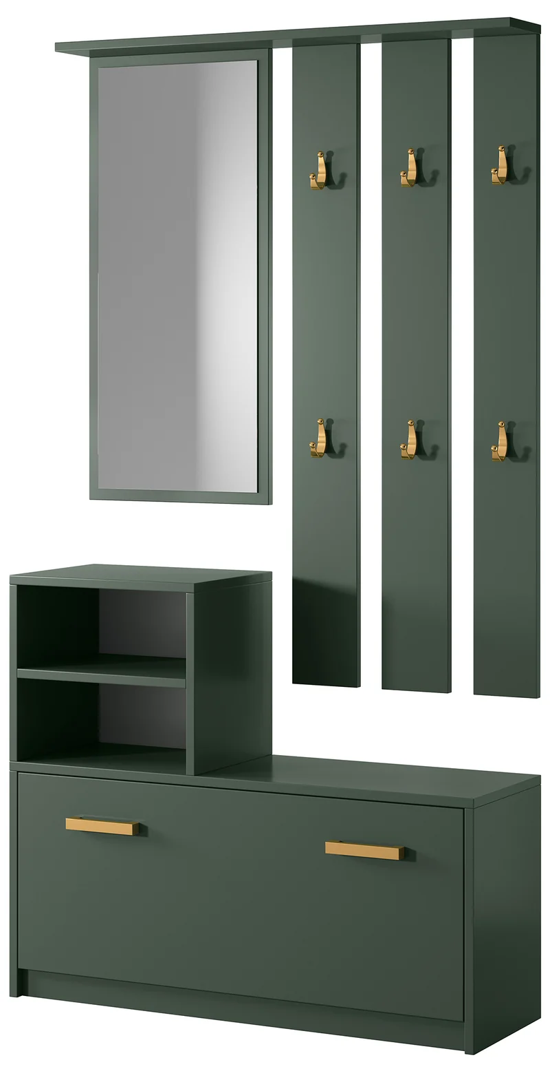 Garderobenset Yesfir in Flaschengrün mit Spiegel, Haken, Regalen und Schuhschrank