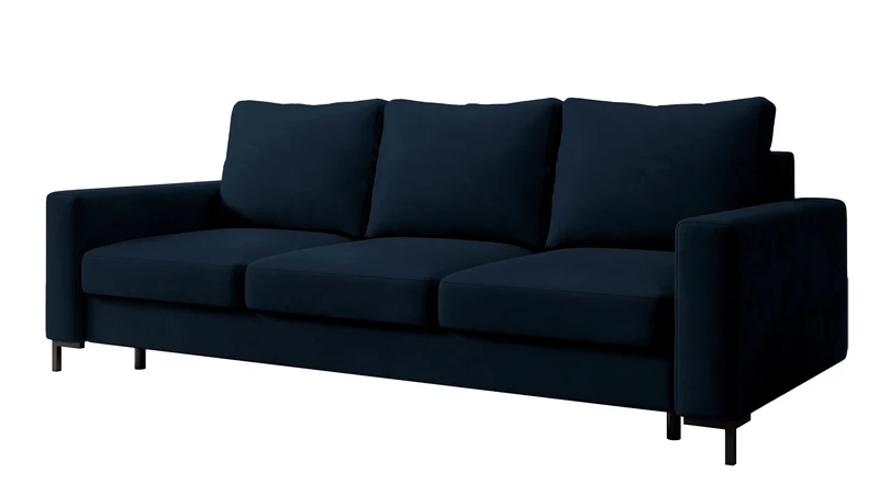 Dreisitziges Schlafsofa Mokpeo mit Stauraum, dunkelblauer Velours, pflegeleicht