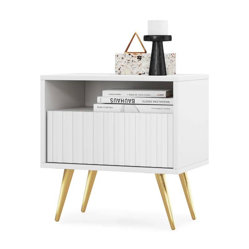 Nachttisch Bello mit Schublade und lamellenförmiger Front, weiß mit goldenen Beinen
