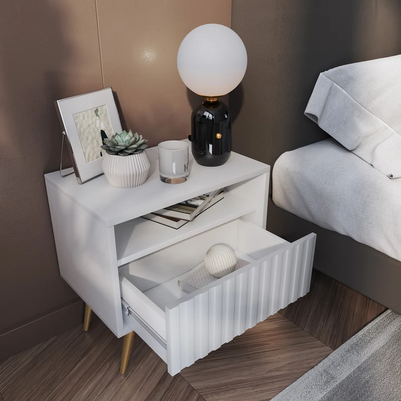 Nachttisch Bello mit Schublade und lamellenförmiger Front, weiß mit goldenen Beinen