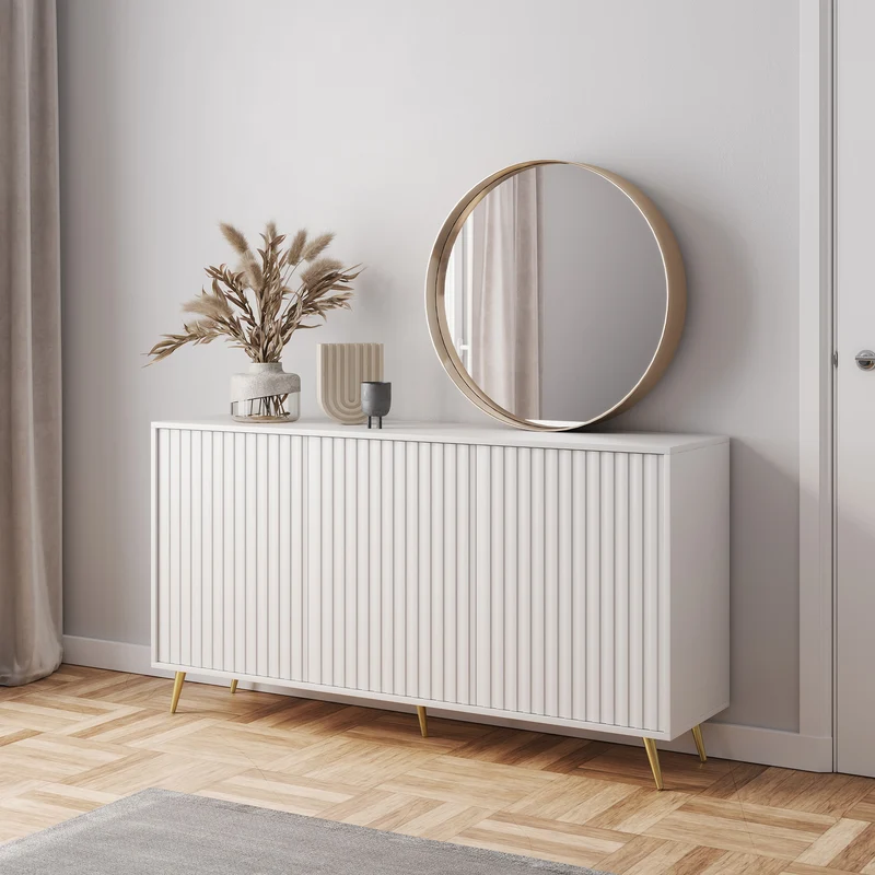 Kommode Bello mit Lamellenfronten, 154 cm, weiß mit goldenen Beinen