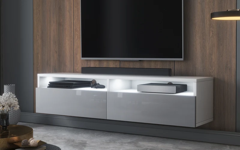 TV-Schrank mit zwei Schubladen Rednaw 140 cm Weiß matt / Grau glänzend mit Beleuchtung
