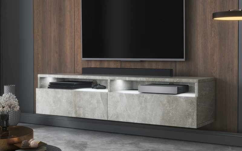 TV-Schrank mit zwei Schubladen Rednaw 140 cm Beton mit Beleuchtung