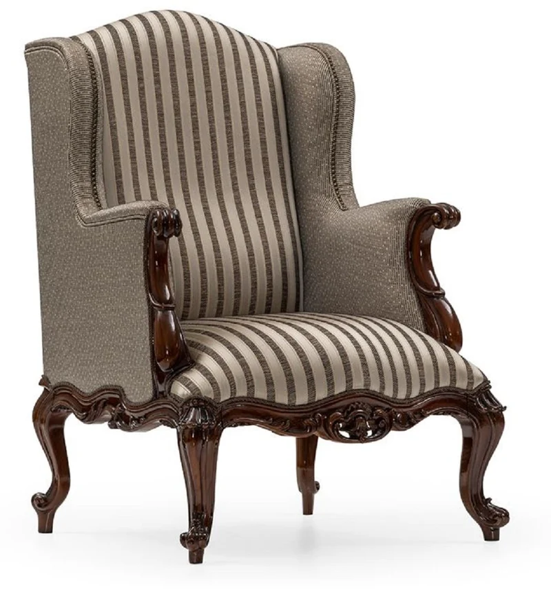 Casa Padrino Luxus Barock Wohnzimmer Sessel Silber / Braun - Handgefertigter Barockstil Sessel mit Streifen und dekorativem Kissen - Luxus Wohnzimmer Möbel im Barockstil - Barock Möbel