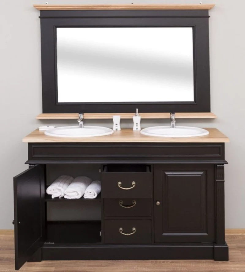 Casa Padrino Landhausstil Badezimmer Set Schwarz / Naturfarben - 1 Doppelwaschtisch & 1 Wandspiegel - Massivholz Badezimmermöbel im Landhausstil