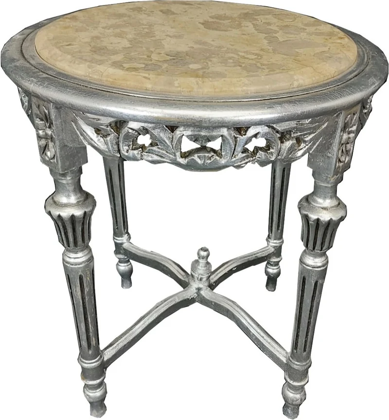 Casa Padrino Barock Beistelltisch Silber / Creme - Handgefertigter Massivholz Tisch mit Marmorplatte - Barock Wohnzimmer Möbel