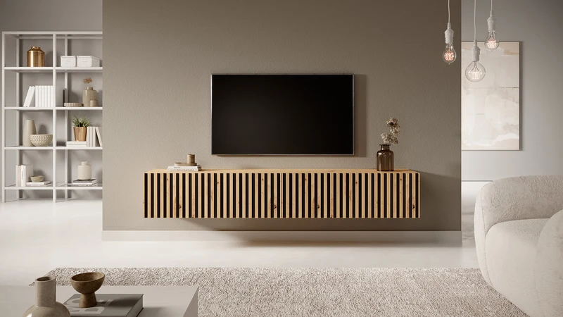 TV-Schrank Telire 175 cm Artisan-Eiche Lamellen mit schwarzen Einsätzen