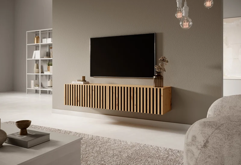 TV-Schrank Telire 138,6 cm Artisan-Eiche mit lamellenförmiger Front und schwarzen Einsätzen