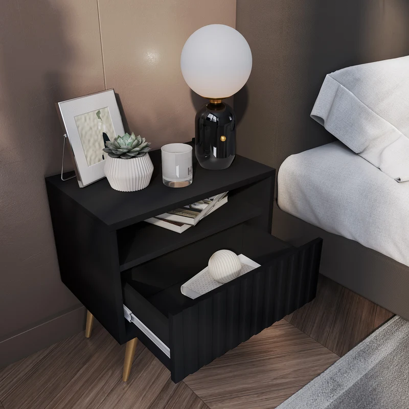Nachttisch Bello mit Schublade und lamellenförmiger Front, schwarz mit goldenen Beinen