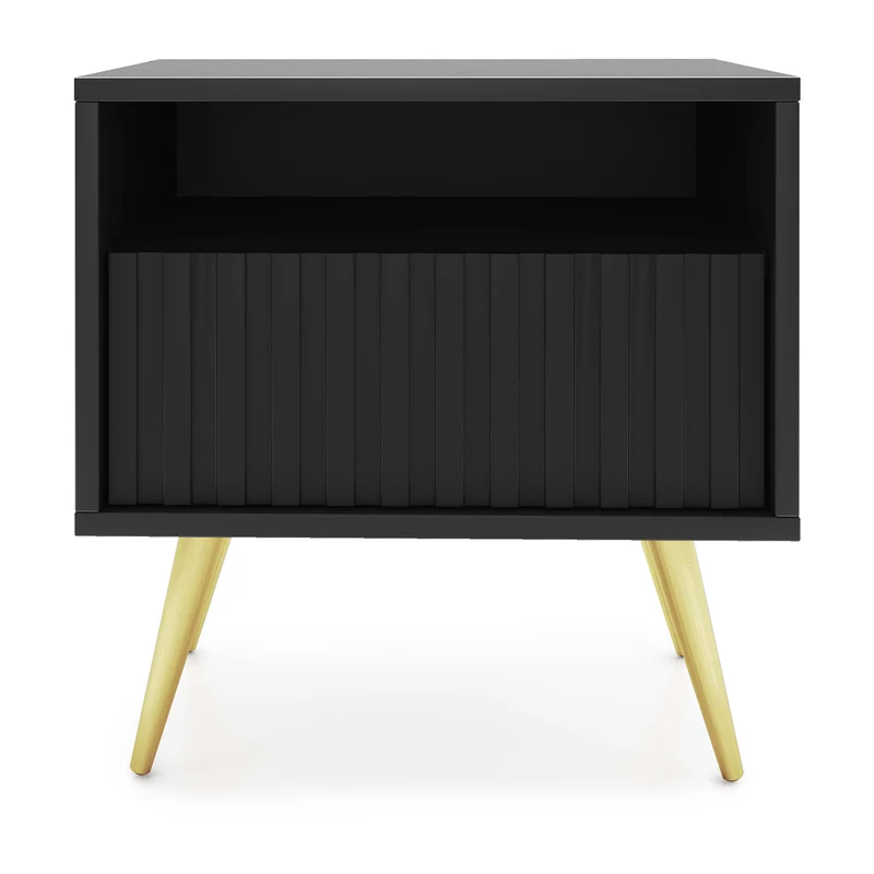 Nachttisch Bello mit Schublade und lamellenförmiger Front, schwarz mit goldenen Beinen