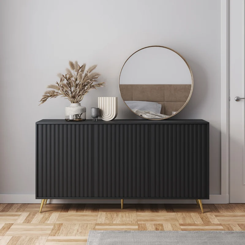 Kommode Bello mit Lamellenfronten, 154 cm, schwarz mit goldenen Beinen