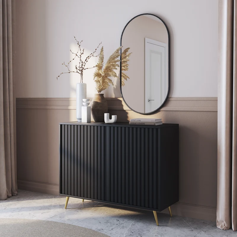 Kommode Bello mit Lamellenfronten 104 cm schwarz mit goldenen Beinen