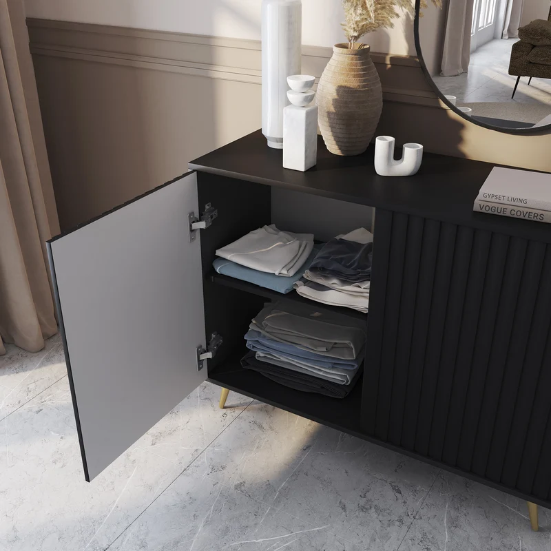 Kommode Bello mit Lamellenfronten 104 cm schwarz mit goldenen Beinen