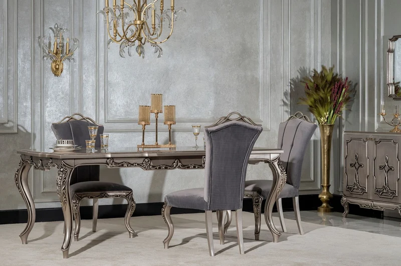 Casa Padrino Luxus Barock Esszimmer Stuhl Grau / Silber - Prunkvoller Barockstil Küchen Stuhl - Luxus Esszimmer Möbel im Barockstil - Barock Möbel - Edel & Prunkvoll