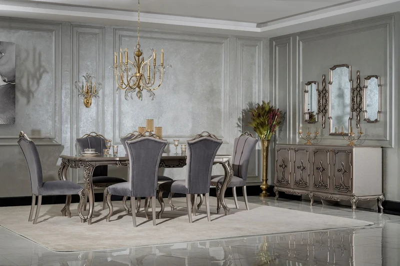Casa Padrino Luxus Barock Esszimmer Stuhl Grau / Silber - Prunkvoller Barockstil Küchen Stuhl - Luxus Esszimmer Möbel im Barockstil - Barock Möbel - Edel & Prunkvoll