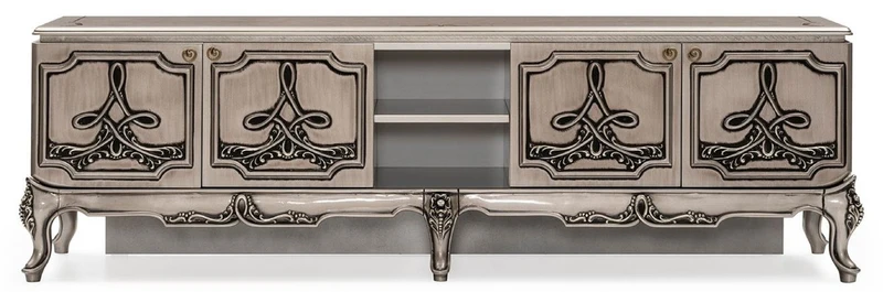 Casa Padrino Luxus Barock TV Schrank Silber - Prunkvolles Massivholz Sideboard mit 4 Türen - Luxus Wohnzimmer Möbel im Barockstil - Barock Möbel - Edel & Prunkvoll