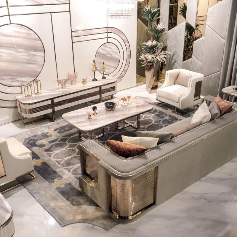 Casa Padrino Luxus Couchtisch Creme / Kupfer - Wohnzimmertisch mit Kunstmarmor Tischplatte - Luxus Wohnzimmer Möbel - Hotel Möbel - Luxus Einrichtung - Hotel Einrichtung