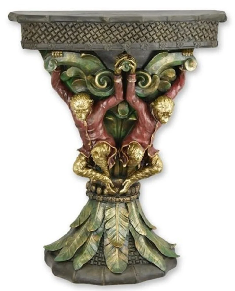 Casa Padrino Jugendstil Konsole Affen Grau / Grün / Rot / Gold 60,2 x 22,1 x H. 73,3 cm - Kunstharz Konsolentisch - Jugendstil Möbel - Barock Möbel - Jugendstil Einrichtung - Barock Einrichtung