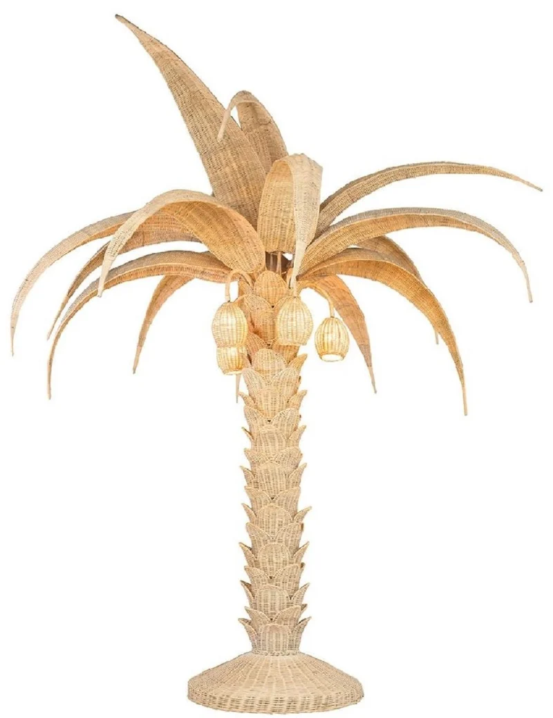 Casa Padrino Luxus Stehleuchte Palme Naturfarben Ø 260 x H. 280 cm - Rattan Stehlampe im Palmen Design - Wohnzimmer Stehleuchte - Luxus Leuchten - Luxus Stehleuchten