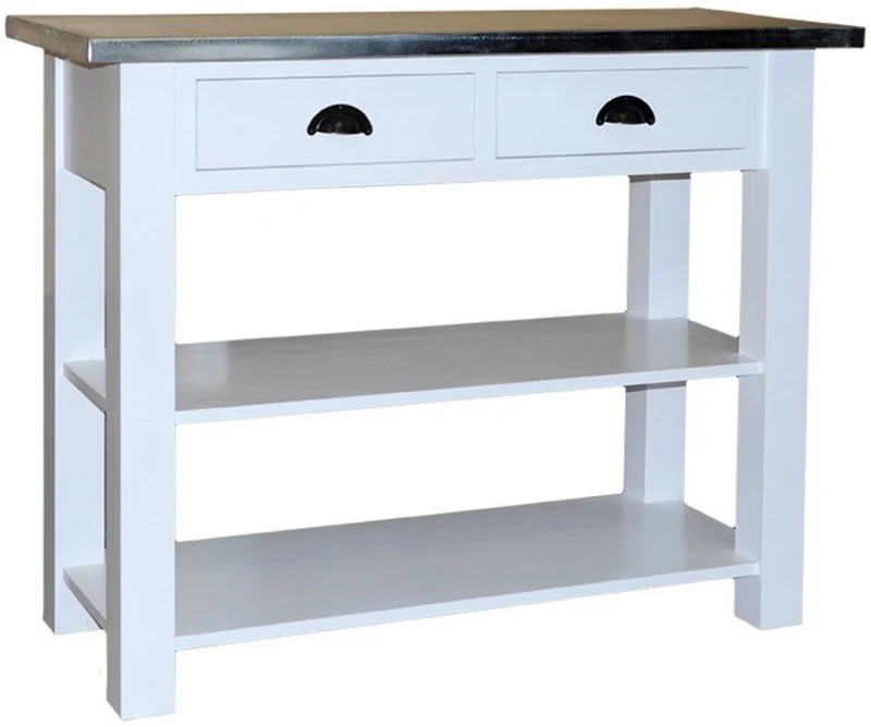 Casa Padrino Landhausstil Konsole mit 2 Schubladen Weiß / Silber 110 x 45 x H. 89 cm - Konsolentisch mit verzinkter Platte