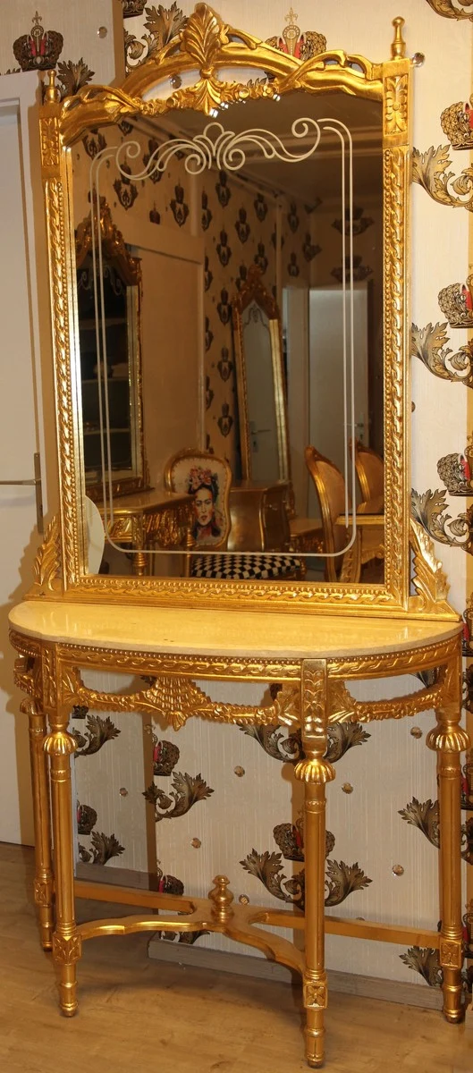 Casa Padrino Barock Spiegelkonsole Gold mit Marmorplatte und mit schönen Barock Verzierungen auf dem Spiegelglas Mod5 - Antik Look