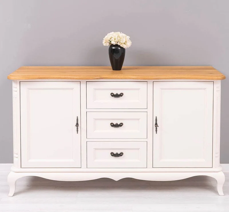 Vintage Sideboard aus Massivholz mit 2 Türen und 3 Schubladen | Kommode mit geschwungenen Füßen | Barock