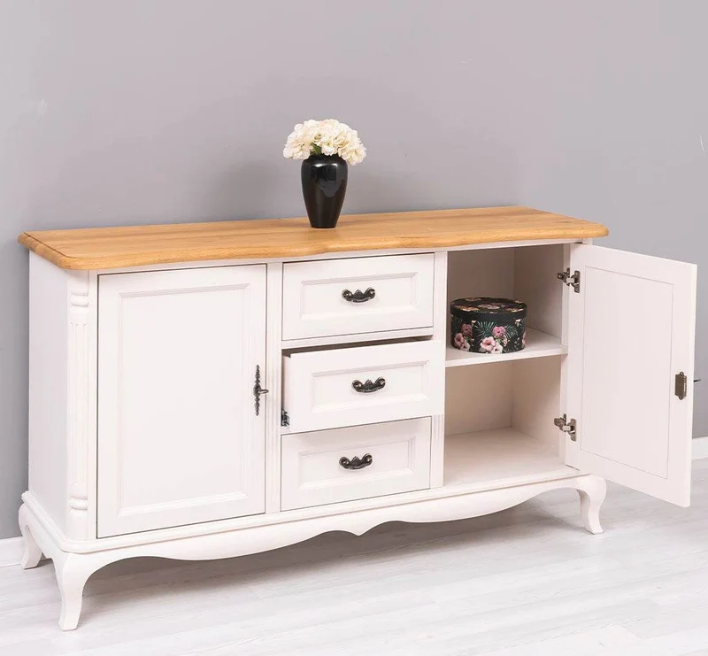 Vintage Sideboard aus Massivholz mit 2 Türen und 3 Schubladen | Kommode mit geschwungenen Füßen | Barock