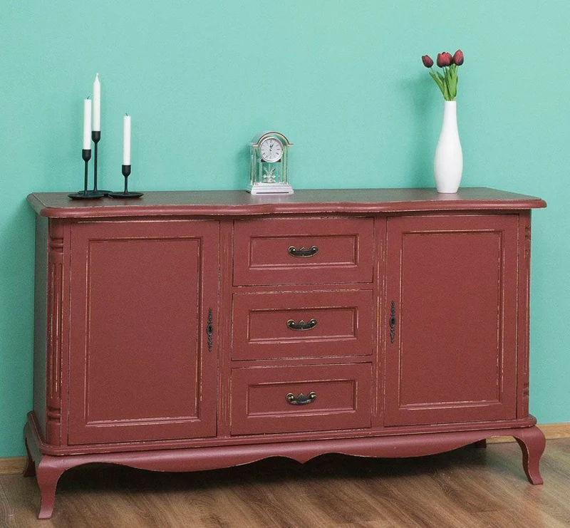 Vintage Sideboard aus Massivholz mit 2 Türen und 3 Schubladen | Kommode mit geschwungenen Füßen | Barock