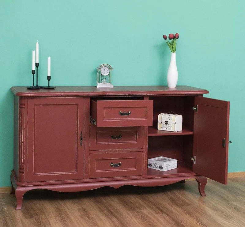 Vintage Sideboard aus Massivholz mit 2 Türen und 3 Schubladen | Kommode mit geschwungenen Füßen | Barock