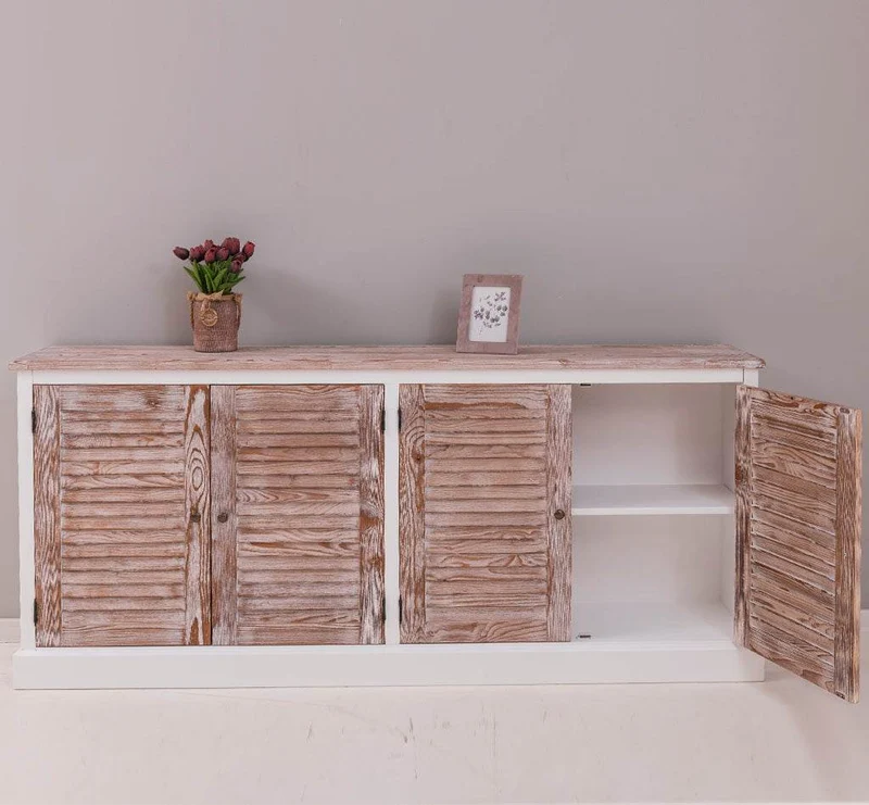 Sideboard aus Massivholz mit Lamellentüren | Kommode mit vier Türen und Knopfgriffen