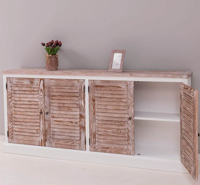 Sideboard aus Massivholz mit Lamellentüren | Kommode mit vier Türen und Knopfgriffen