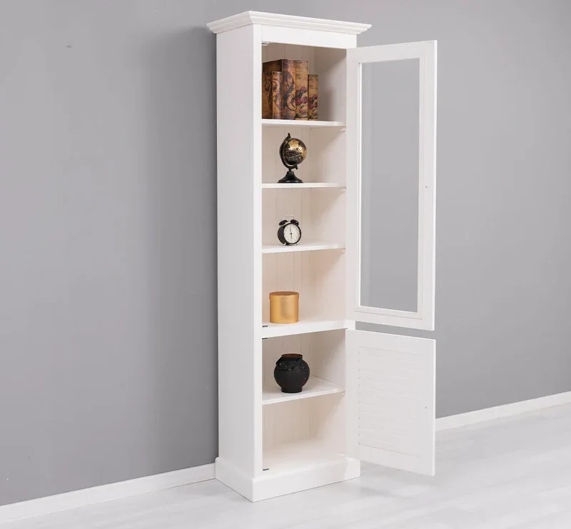 Schmaler Vitrinenschrank aus Massivholz mit Lamellentür