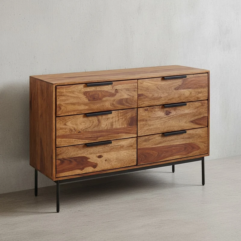 Kommode – Massivholz/Metall, 117x80x42 cm, 6 Schubladen, Industrial-Stil