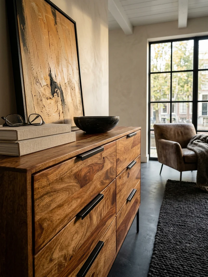 Kommode – Massivholz/Metall, 117x80x42 cm, 6 Schubladen, Industrial-Stil