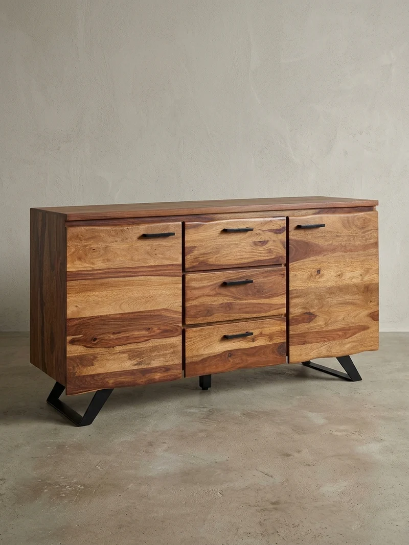 Sideboard – Massivholz, 145x82x45 cm, mit Baumkante, Metallgestell